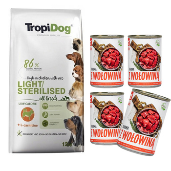 TropiDog Premium Adult Light Sterilised  sucha karma dla psa 12kg + tuf tuf
