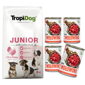 TropiDog Premium JUNIOR S M Turkey Rice sucha karma dla psa  8 kg + tuf tuf