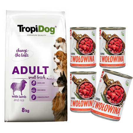 TropiDog Premium Adult S Lamb Rice sucha karma dla psa 8 kg + tuf tuf