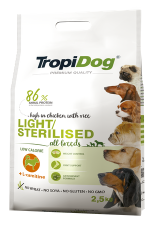 TropiDog Premium Adult sucha karma dla psa Light Sterilised 2,5kg