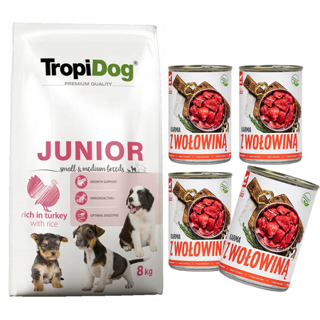 TropiDog Premium JUNIOR S M Turkey Rice sucha karma dla psa  8 kg + tuf tuf
