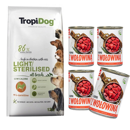 TropiDog Premium Adult Light Sterilised sucha karma dla psa 12kg + tuf tuf