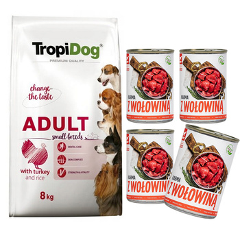 TropiDog Premium Adult S Turkey Rice sucha karma dla psa 8 kg + tuf tuf