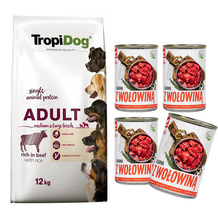 TropiDog Premium Adult ML Beef Rice sucha karma dla psa 12 kg +tuf tuf