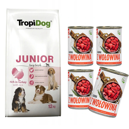 TropiDog Premium Junior L sucha karma dla psa Turkey Rice 12kg + tuf tuf