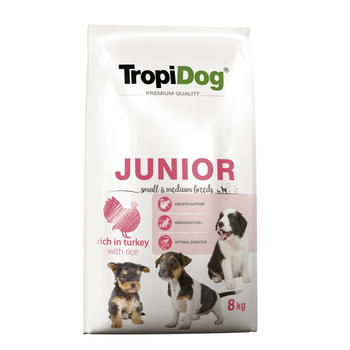 TropiDog Premium JUNIOR S M Turkey Rice sucha karma dla psa  8 kg